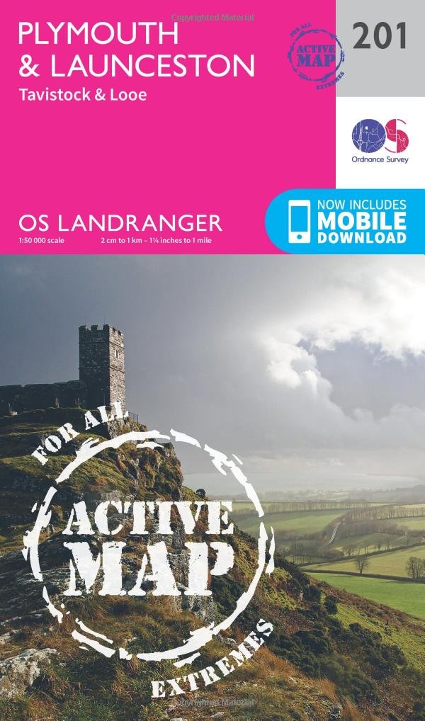 Ordnance Survey Unisex Pink Landranger Active 201 Plymouth, Launceston, Tavistock & Looe Map With Digital Version