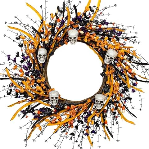 JINGHONG Artificial Halloween Wreath 22 Inch Black Halloween Wreaths for Front Door Skull Wreath with Halloween Candy Berries for Halloween Party Wall Porch Decor Cover