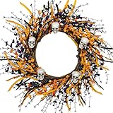 JINGHONG Artificial Halloween Wreath 22 Inch Black Halloween Wreaths for Front Door Skull Wreath with Candy Berries for Party Wall Porch Decor