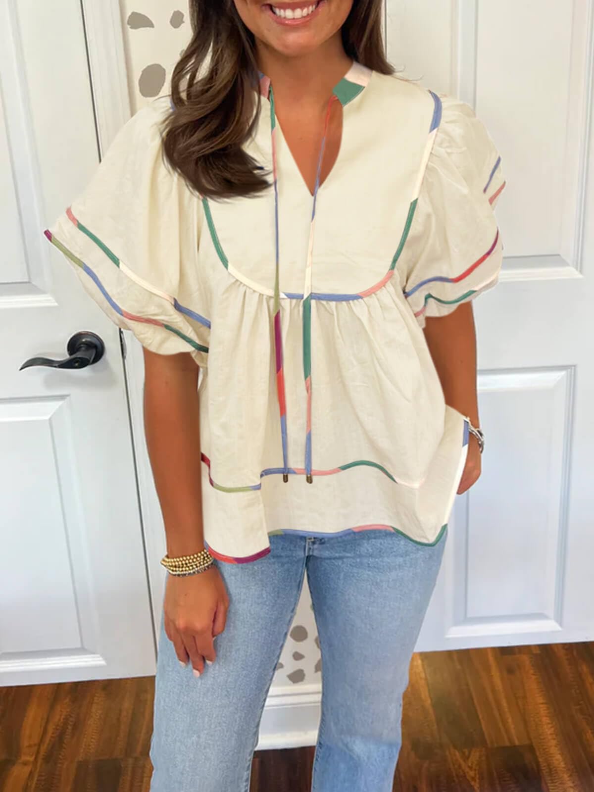 Cicy Bell Nuisette d'été à manches courtes et col en V pour femme | Décontracté tendance, manches bouffantes, haut péplum, coupe ample