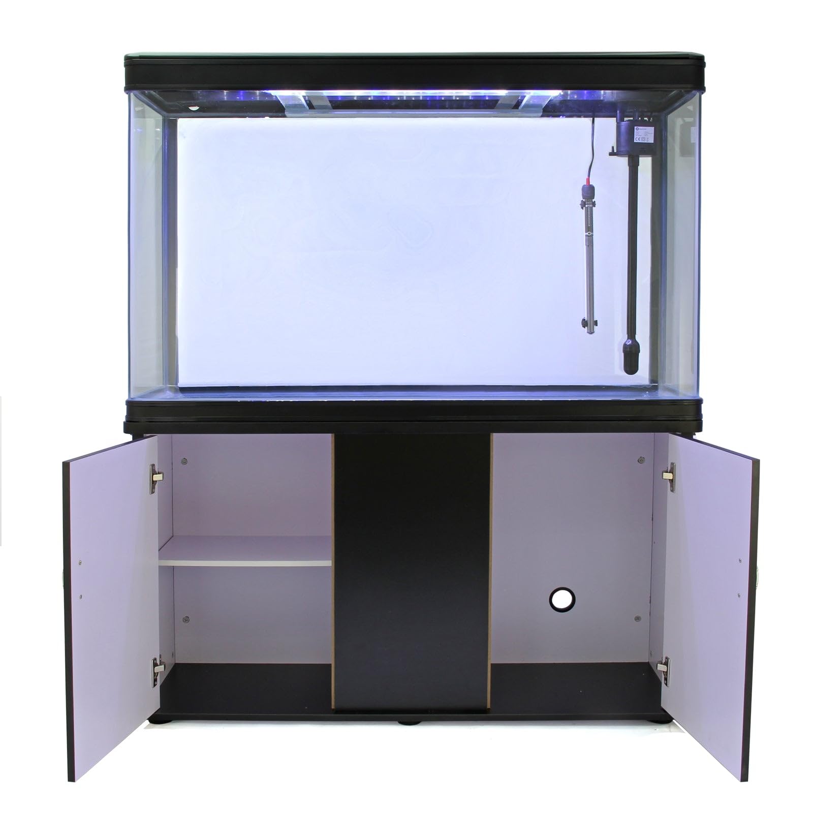 Pecera Acuario 300 litros para Peces de Agua Dulce,Tropicales+Marinos con Mueble Negro,Grava Azul, Calentador 300W Ajustable,Filtro,Bomba Aire,Zona Observación 180º +Luz LED, 2 Años Garantía Eléctrica