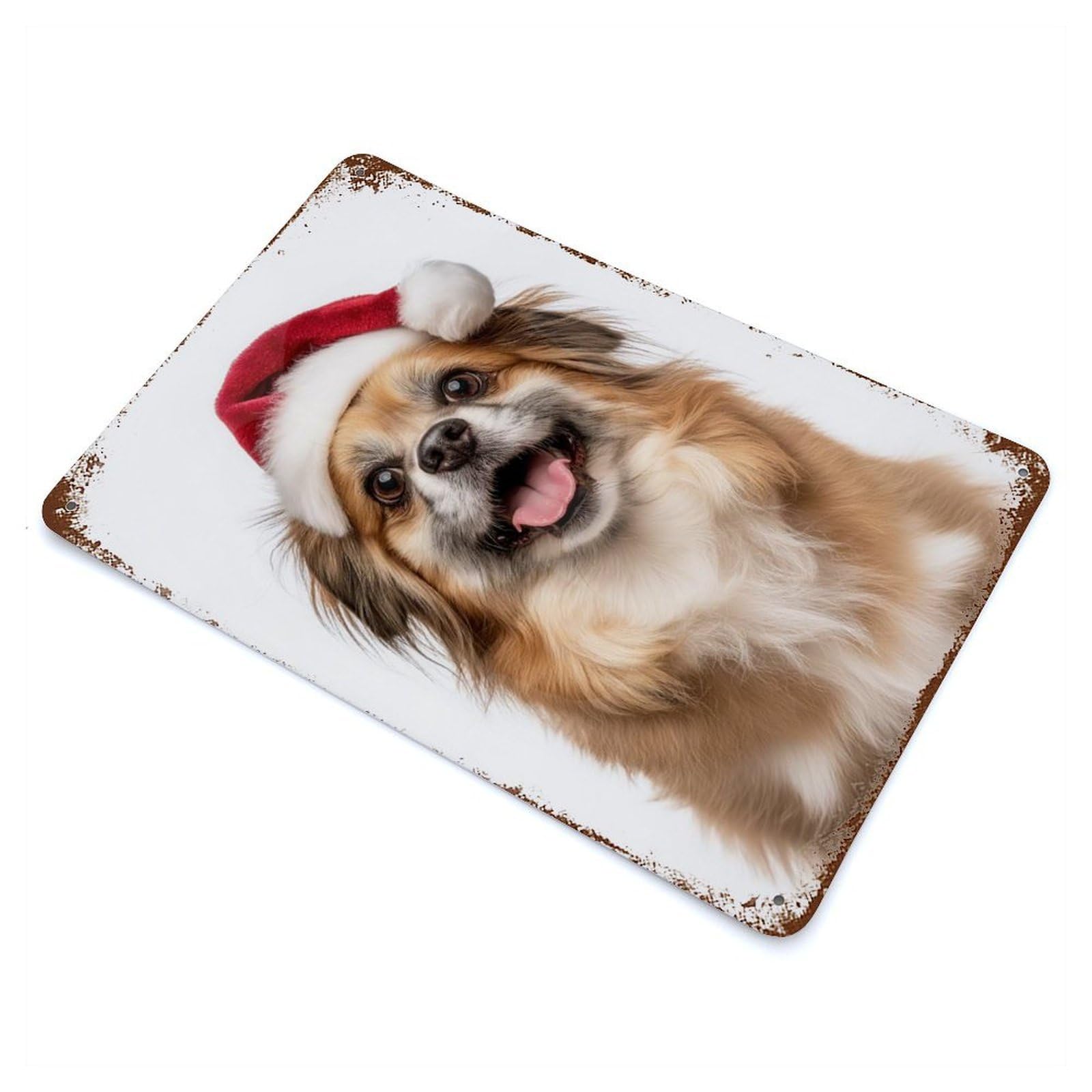 Tibetan Spaniel Dog with Santa Hat Decorative Tin Sign 11.8"x7.9", for Bistro, Counter And Cafe Decor, Retro Wall Decor