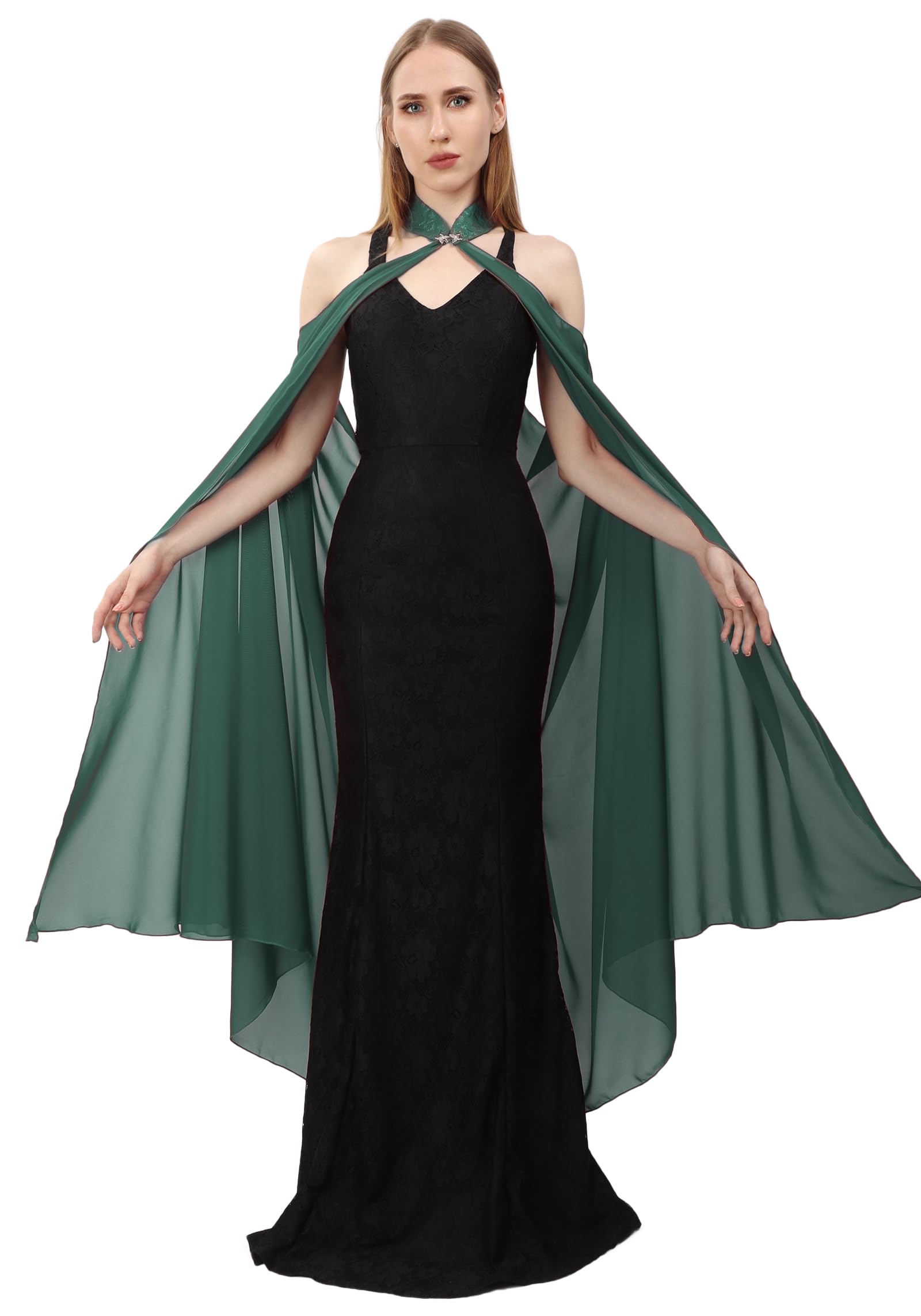 Women's Chiffon Sheer Cape Gothic Tulle Cloak Halloween Wedding Bridal Collared Shawls Full-Length 130CM-image-41