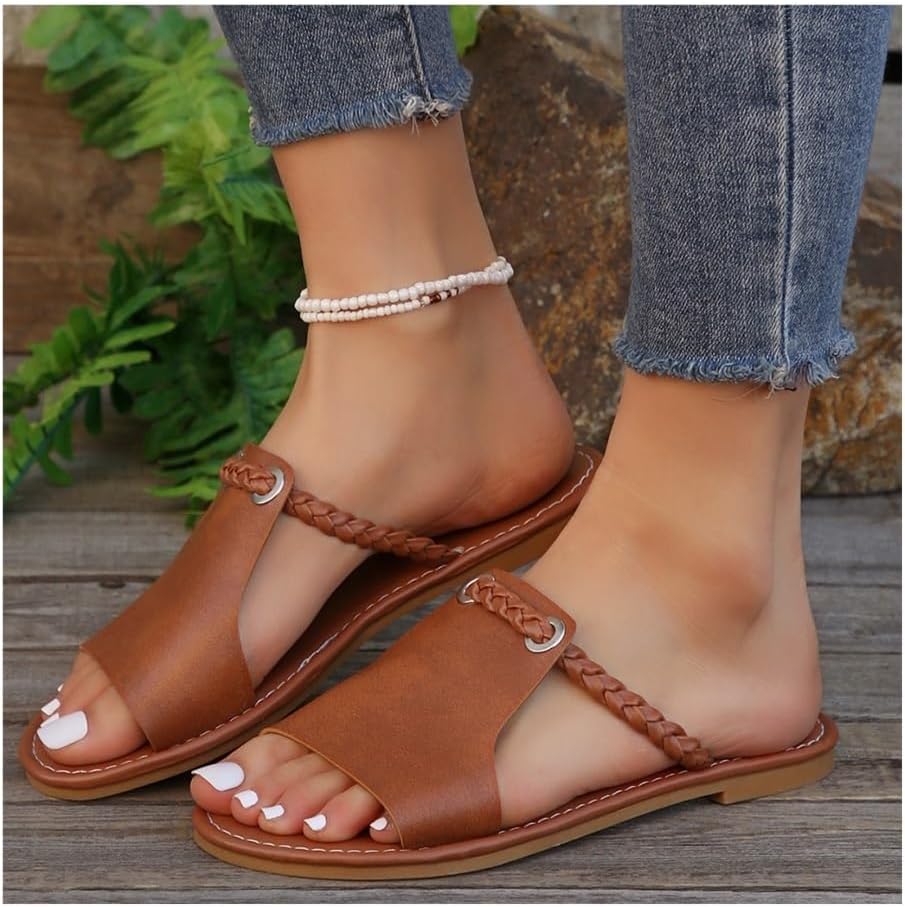 Sandals, Summer Slippers Women Pure Color Braided Simple Daily Beach Slippers Shower Shoes(Brown,8)