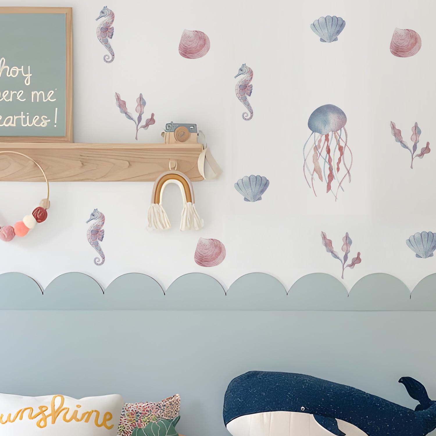 Alwayspon Watercolor Blue and Pink Ocean Animals Art Wall Decals, Peel and Stick Wall Stickers for Living Nursery Room Bedroom Wall Decor