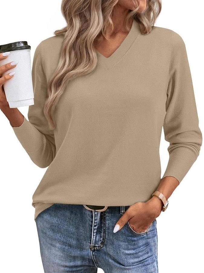 Joligiao Mujer Punto Jersey Casual Jerséis de Manga Larga Suéter de Punto Cuello en V Elegante Cálido Pullover Camisetas de Punto Jumper Tops de Otoño e Invierno Suéter Liso para Mujer(Beige,XL)