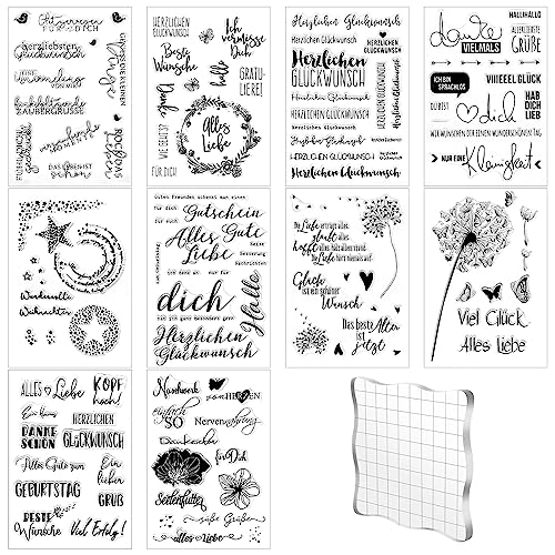 Silikonstempel Set 10 Bögen Stempel Sprüche Deutsch Stempel Weihnachten Glückwunsch Silikonstempel mit Stempelblock 10x10 cm für Weihnachten Hochzeit Geburtstag Taufe Einladung Karten(10 Stile)