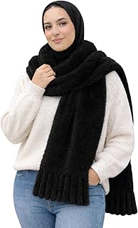 وشاح شتوي فاخر محبوك طويل للغاية بلون اسود ناعم ودافئ بنمط منسوج على شكل ضفائر مكتنزة