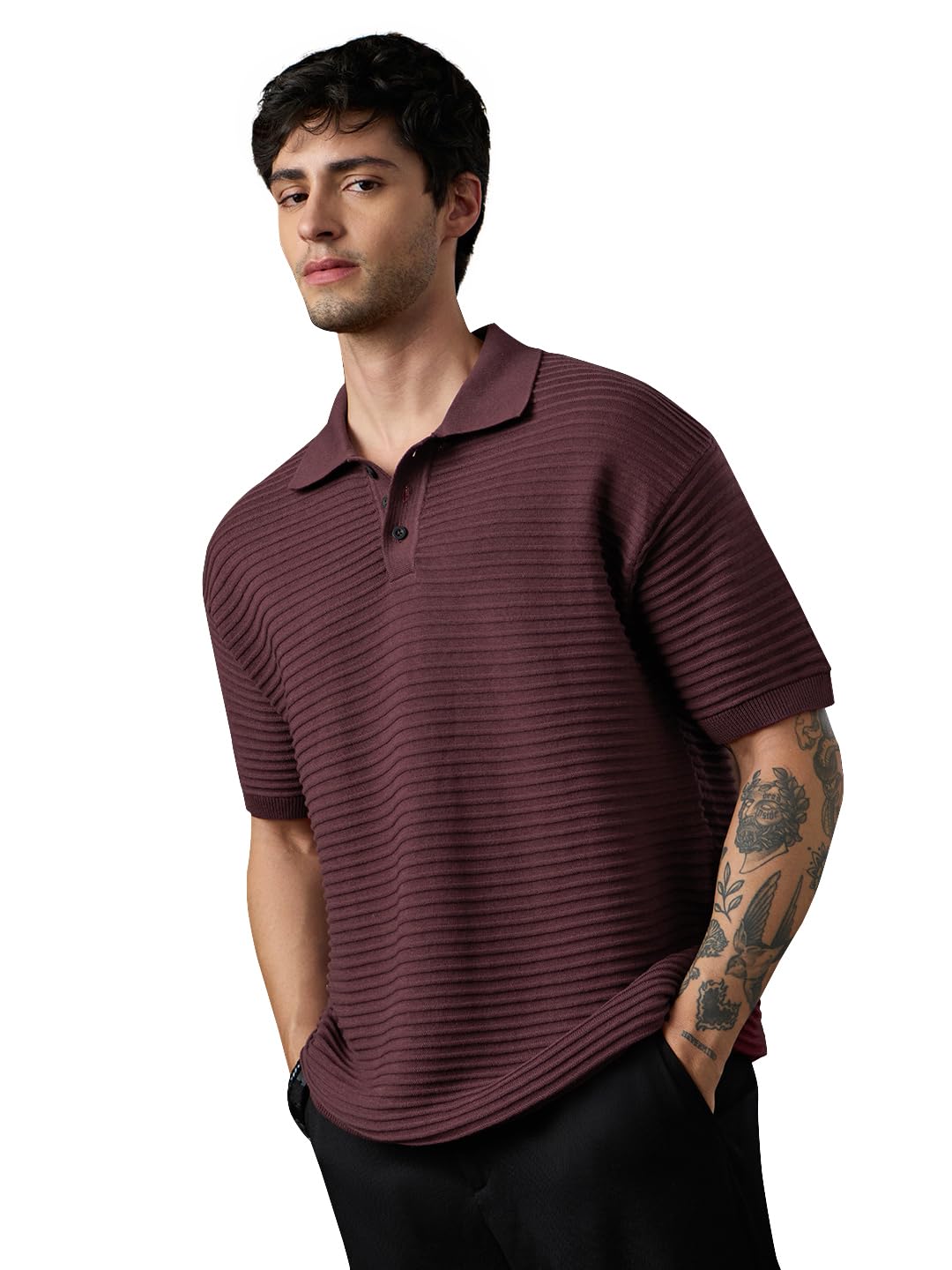 the souled store Classic Polo: Ruby Wine Men and Boys Short Sleeve Collar Dark Red Ribbed Cotton Oversized Breathable Textured Fabric Minimalist Modern Knitted Maroon Polos-picture-48