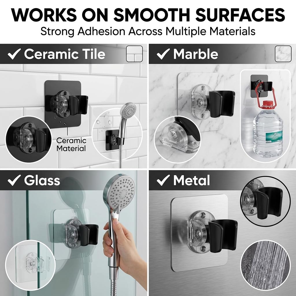 Vihax Adjustable Self Adhesive Shower Head Holder | Wall Mounted Handheld Shower Bracket | Drill-Free Showerhead Stand, Waterproof Bathroom Shower Holder | Punch-Free Bathroom Accessory, Black 4