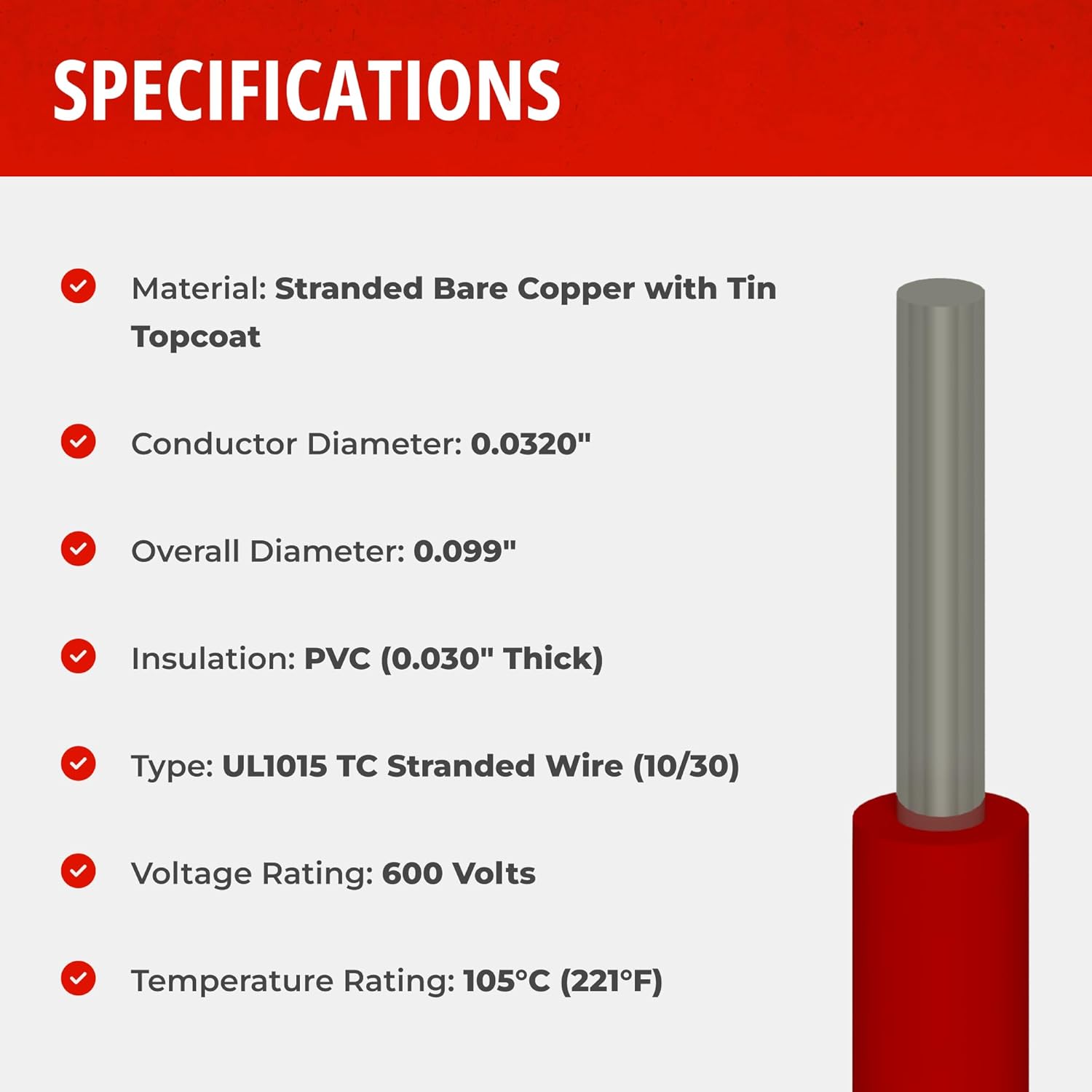 20 AWG Gauge UL1015 Stranded Topcoat Hook Up Wire, 600V, 0.099" Diameter, White, 250 ft Length