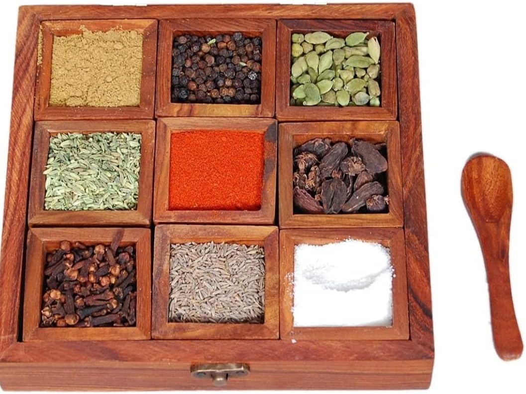 Wooden Spice Box with Glass Lid, 9 Compartments, Brown, Includes Wooden Spoon