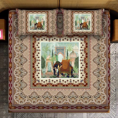 Image of LOOMLYFE 300 TC 7D Digital Print Microfiber Soft Cotton Bedsheet for Double Bed, Size 90X100 Inches with 2 Large Size Pillow Covers Without Joint - BrownPeacockElephant