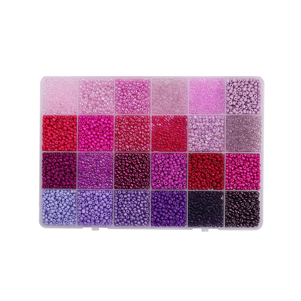 1 Box Mixed Colors Glass Seed Beads, 3mm Small Glass Seed Beads in 24-Grid Box for Bracelets, Crafting, Keychain, Purple Tone