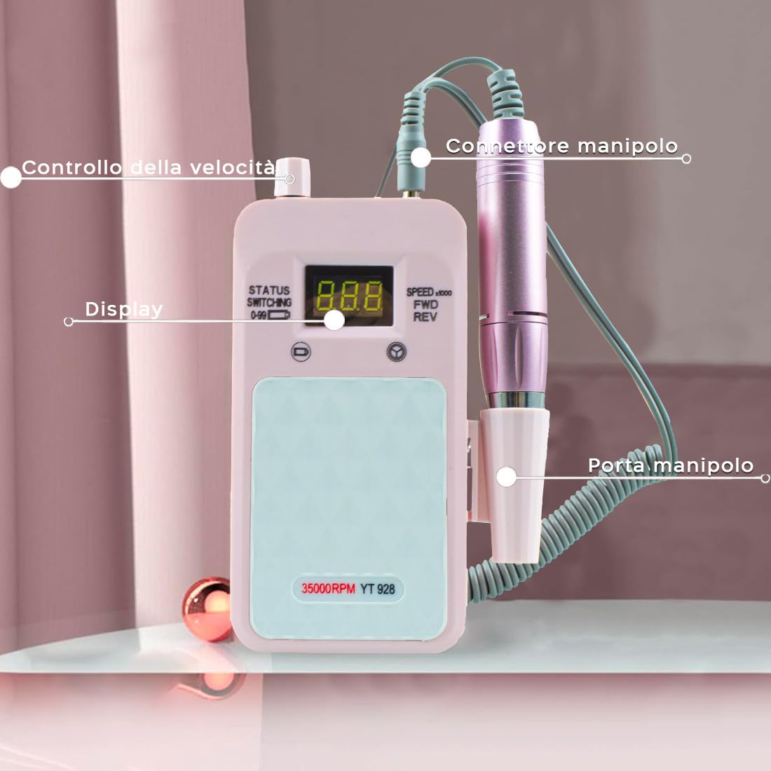 Mediawave Store - Mini Fresa per Unghie Professionale 35000 Giri, Portatile, Ricaricabile, Mini Fresa No Fili, Rimozione Gel/Smalto, Kit 6 Punte, Lima Elettrica Manicure e Pedicure, Mini Fresa Unghie