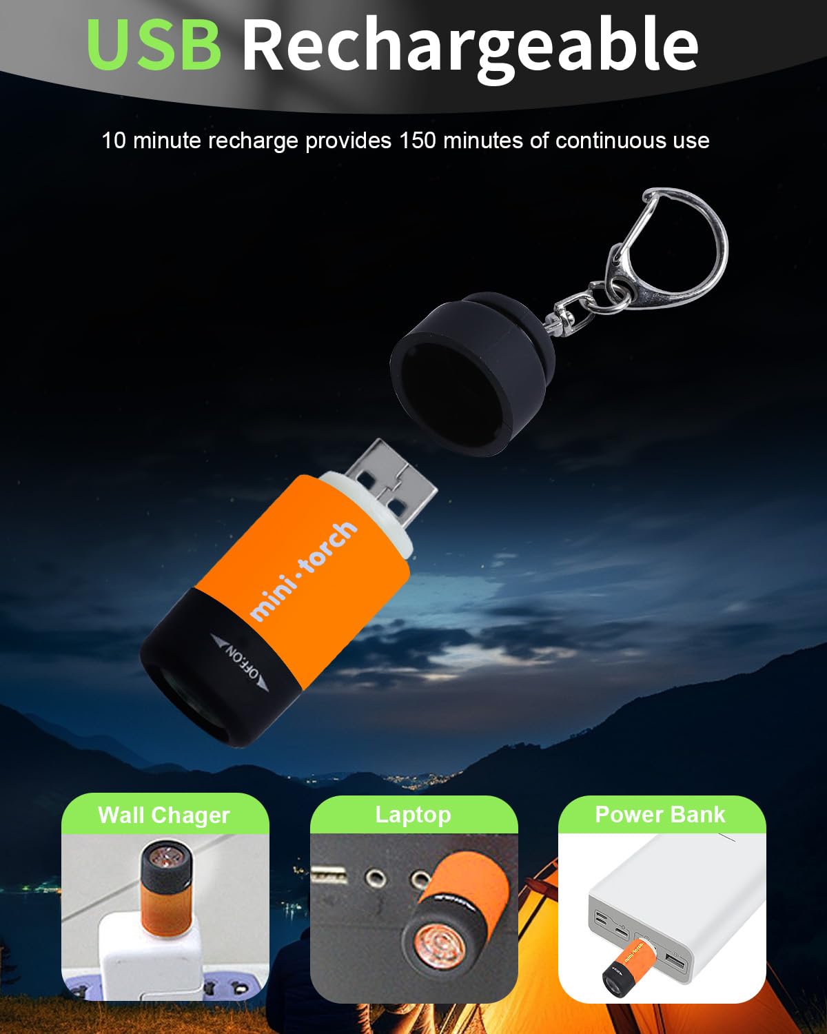 UCEC 3 Pack EDC Keyring Torch Rechargeable USB LED - Image 3