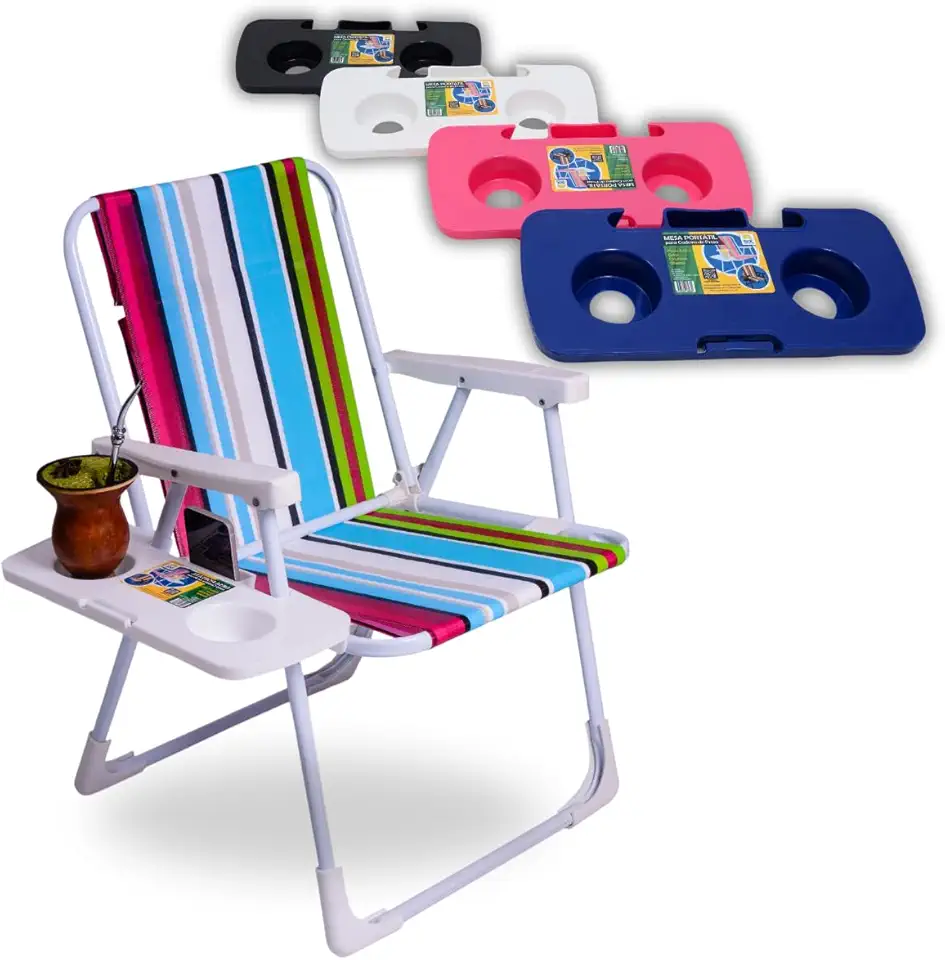 Mesa Portátil para Cadeira de Praia, Suporte com Porta Copos, Celular e Cuia, Polipropileno, Disponível em Azul, Rosa, Branco e Preto, 39,5 x 17,5 x 7,5 cm (Azul)