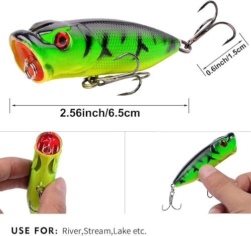 Miniatura 3 de FANGBLUE Señuelos de pesca Popper cebo de pesca Topwater cebos duros ojos 3D Swimbait Crankbait con gancho de agudos para lubina, trucha, agua dulce