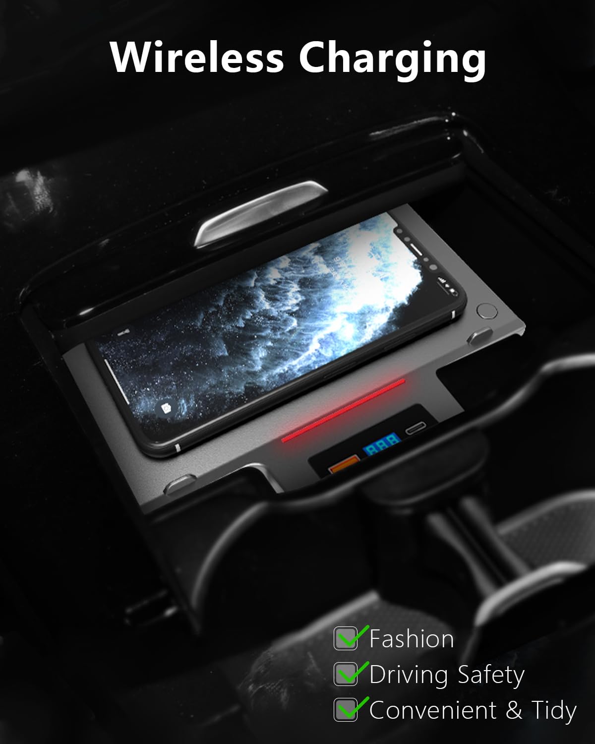 CLEC Cargador inalámbrico de coche para Benz Clase A 2019-2022, GLA/GLB/CLA Clase 2020-2022, QC 3.0 Cargador rápido Qi 3.0 Cargador de teléfono inalámbrico con 2 puertos USB, accesorios interiores de