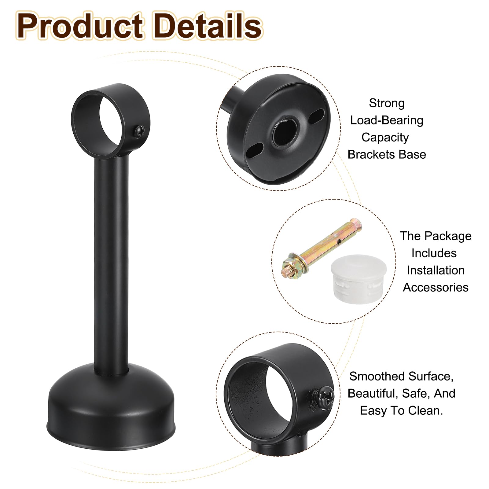 QUARKZMAN 4 Set Support Tringle Rideau Montage Plafond Adapté Tuyau 32mm/1.26" Longueur 200mm/7.87" Crochets Tringle Rideau Acier Inoxydable pour Murs Placard Tuyau Rideau Tuyau, Noir