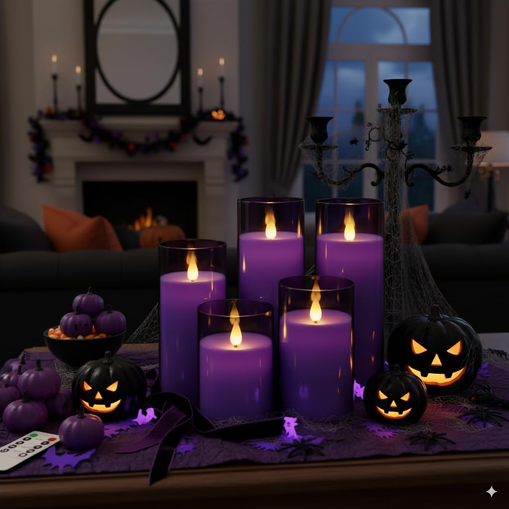 Homemory Purple Flickering Flameless Candles, Battery Operated Acrylic LED Pillar Candles with Remote Control and Timer, Purple Decor, Set of 5