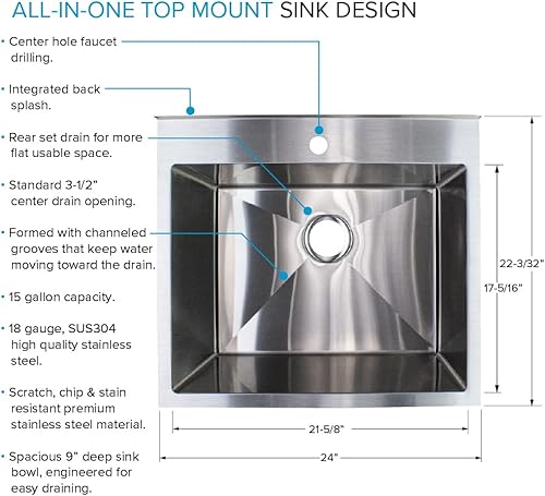Miniatura 6 de Transolid EWS-2422S - Fregadero y soporte de lavado de acero inoxidable de 24 pulgadas de ancho x 22.1 pulgadas de profundidad x 35.2 pulgadas de