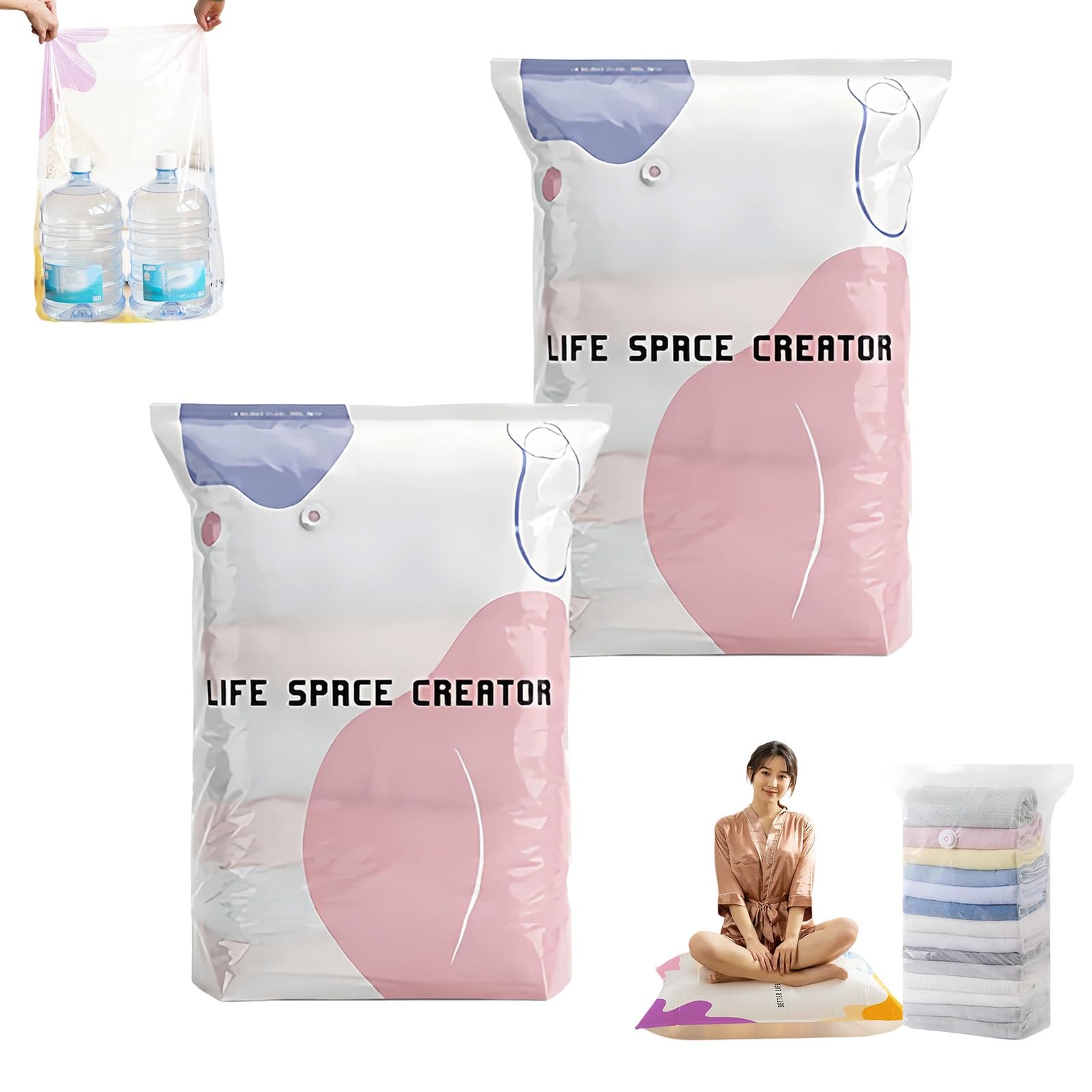 Thickened Better Life Space vacuum bag, reusable 3D vacuum storage bag without pump, waterproof vacuum bag clothing, seasonal storage effortless(L+L)