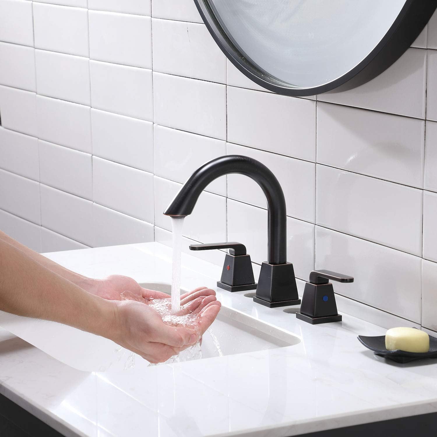New Product Hotis Widespread Morden Commercial Two Handle Farmhouse Mix Spout 3 Hole Oil Rubbed Bronze Bathroom Faucet,Bathroom Sink Faucet with Water Supplies