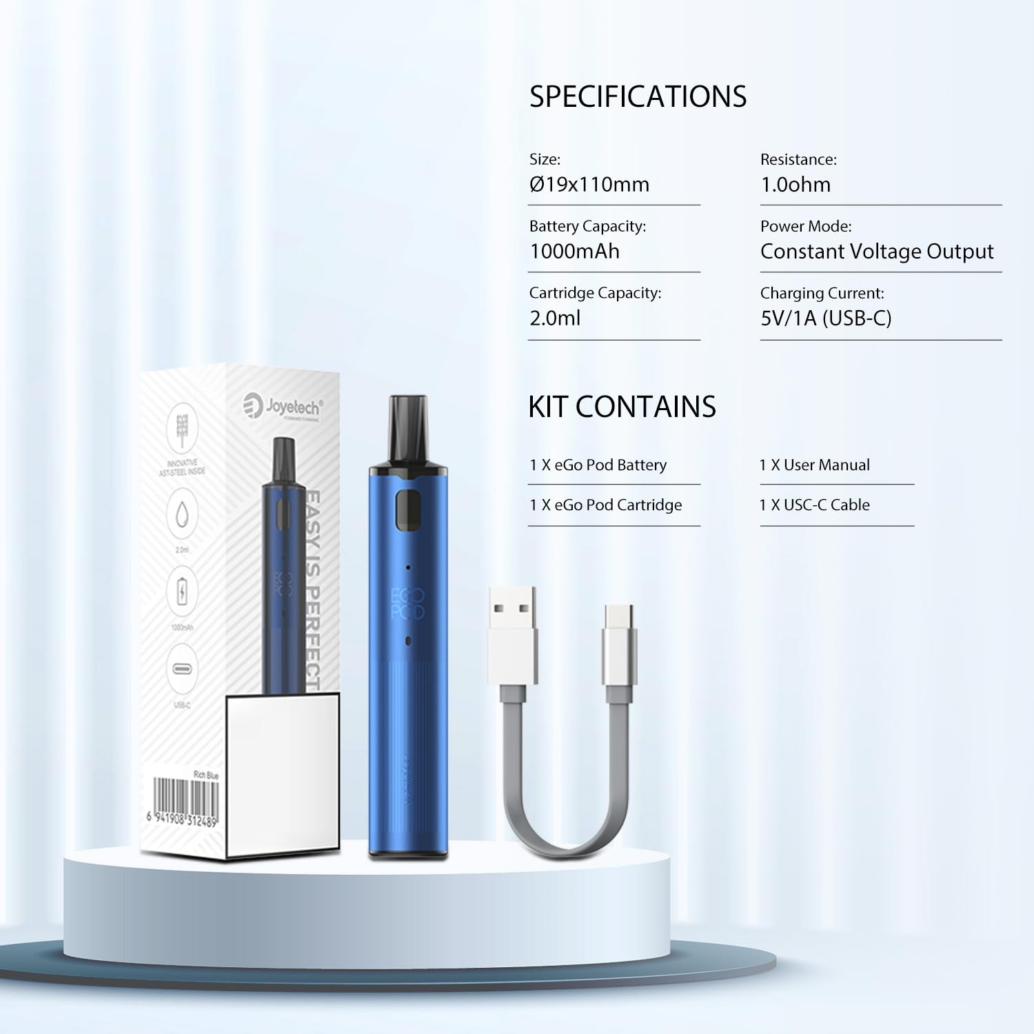 JOYETECH EGo POD Update Version Kit Cigarette lectronique Vape sans  Nicotine USB-C 1000mAh Capacit de 2 ml Compatible avec les eGo Series Pods  Rechargeable Vapoteur sans Tobac Noir : Amazon.fr: High-Tech