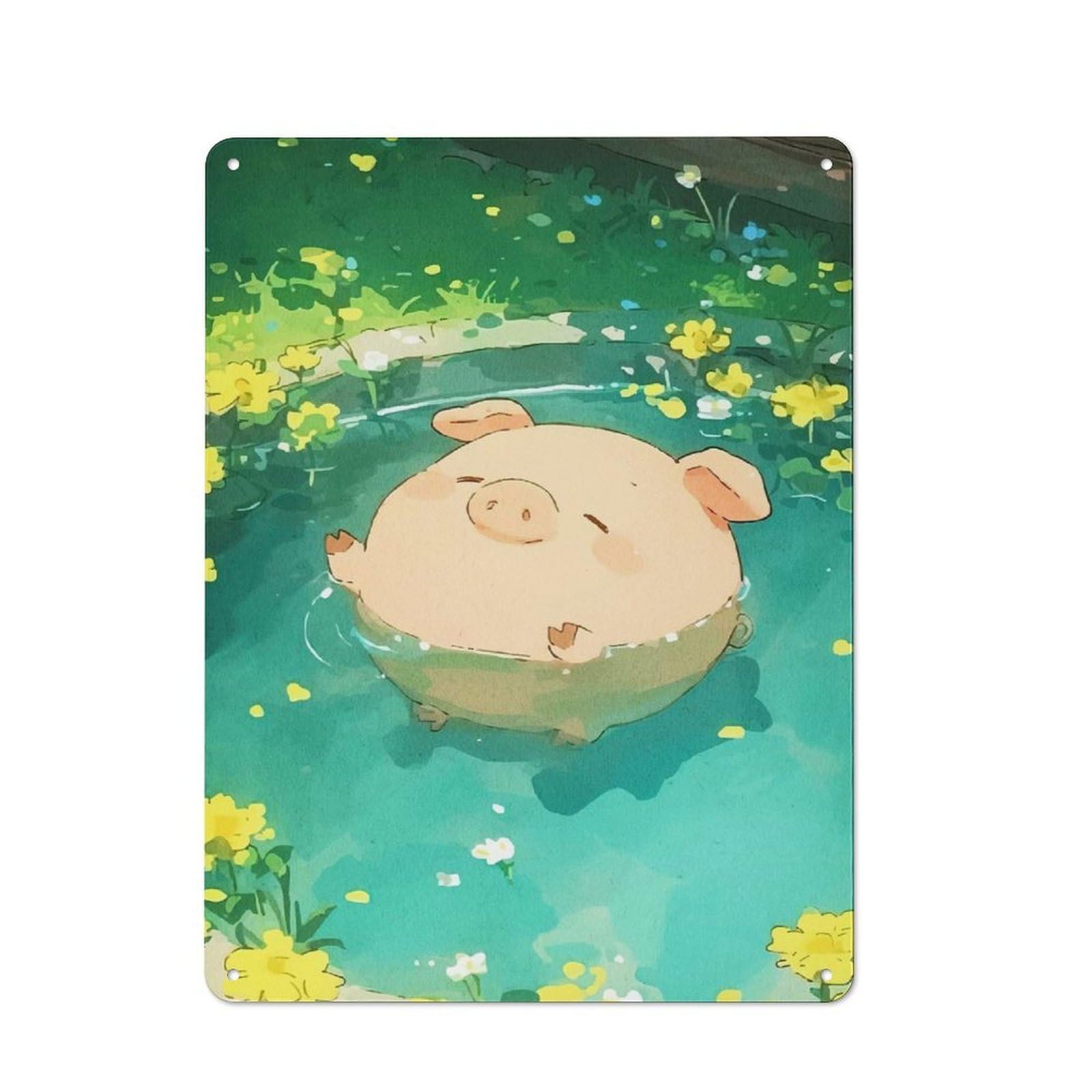 Junmoney Pig In Pond Flowers Vintage Tin Sign 40X30cm Featuring Industrial Wall Art For Garage, Workshop, Shed Or Utility Room