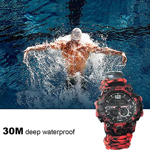 Techong Sports Survival Bracelet Watch, 6 In 1 Outdoor Emergency Waterproof Wristband First Aid Tools With Paracord, Compass, Thermometer, Whistle, Screwdriver For Camping & Adventure #TOP3