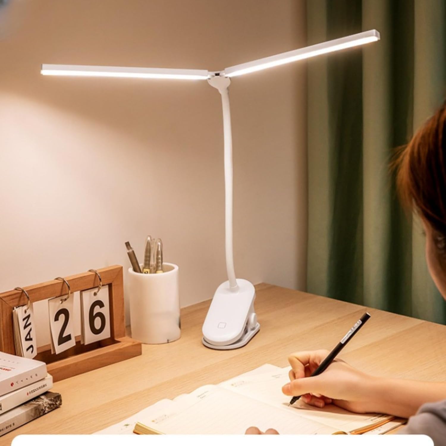 Lampada da scrivania a LED, a doppia testa, regolabile, con 30 modalità dimmerabili, ricaricabile con clip, per casa, ufficio e studio