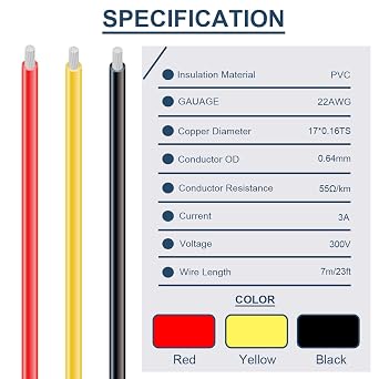 22 Gauge PVC Electrical Wire 300V 22 AWG UL1007 Stranded Tinned Coated Copper Wires 3 Color (Black, Red, Yellow) 7m Each Cable Hook Up Wire Kit for 3D Printer, Model Car