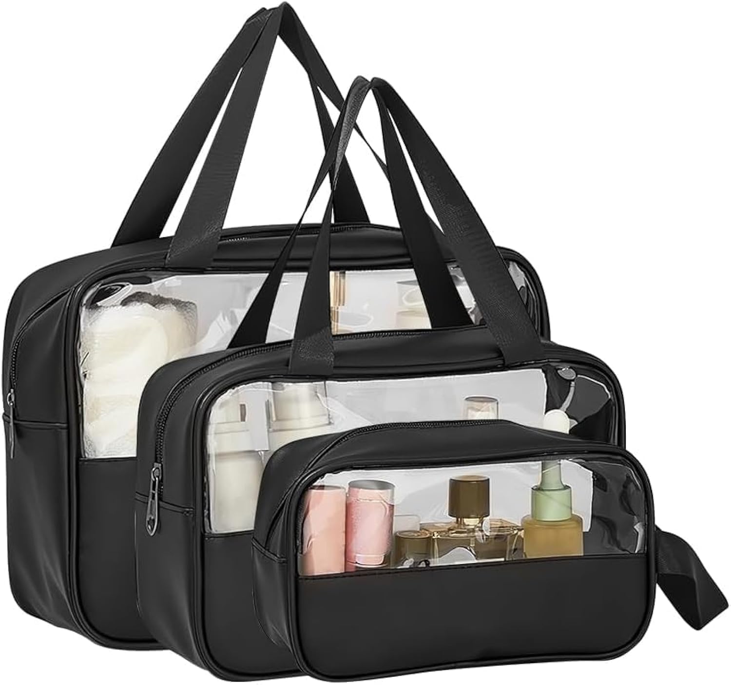 Swift 3-Piece Water-Resistant Toiletry Bag Set for Women and Men | Matte Translucent Makeup and Cosmetic Organizer with Handy Handle (Black)