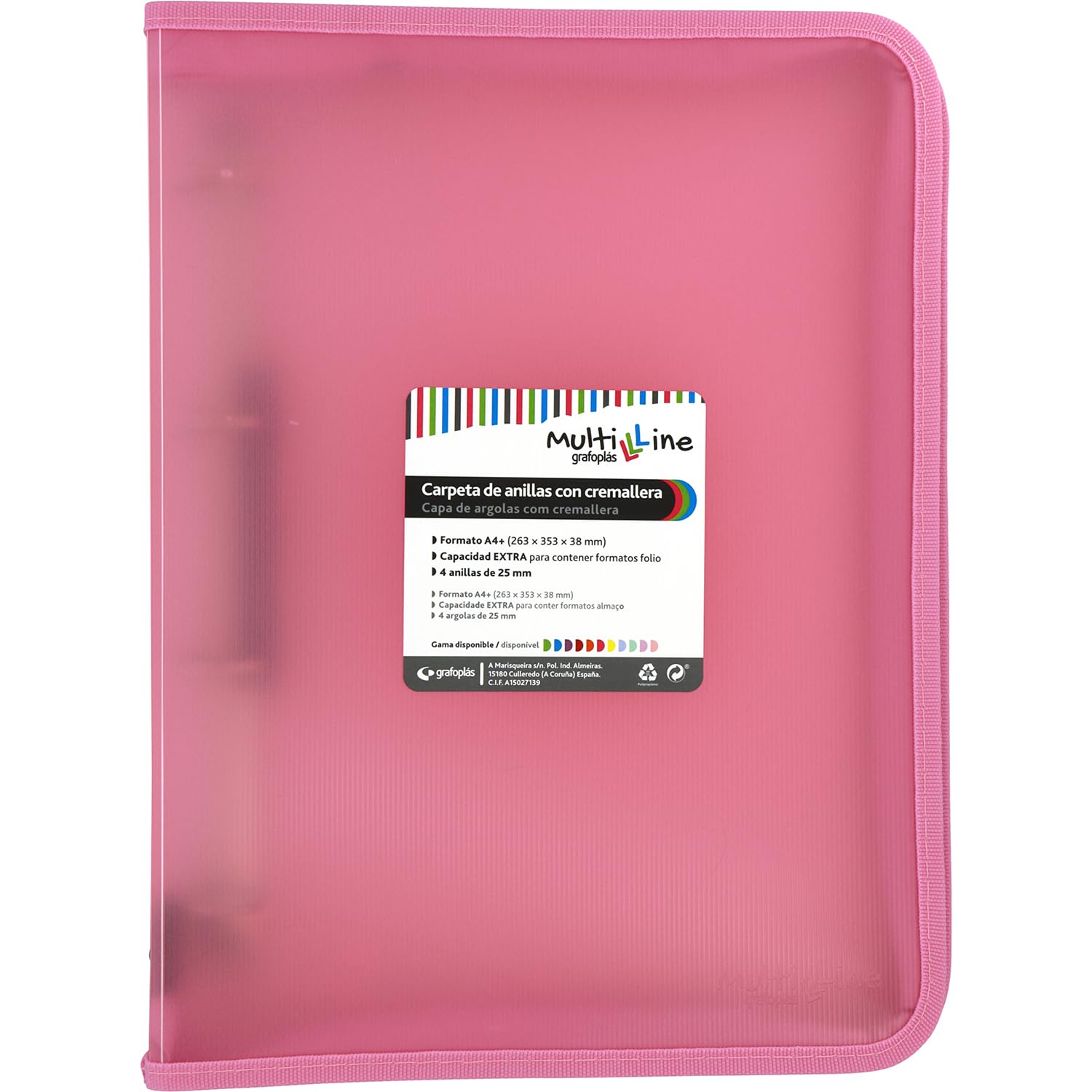 Grafoplás | Ring Binder with Zip A4+ | Light Pink | Multiline | 4 Mixed Rings 25 mm | Vertical Ruled Polypropylene Cover | Extra Capacity for Sheets of Paper Format Folio