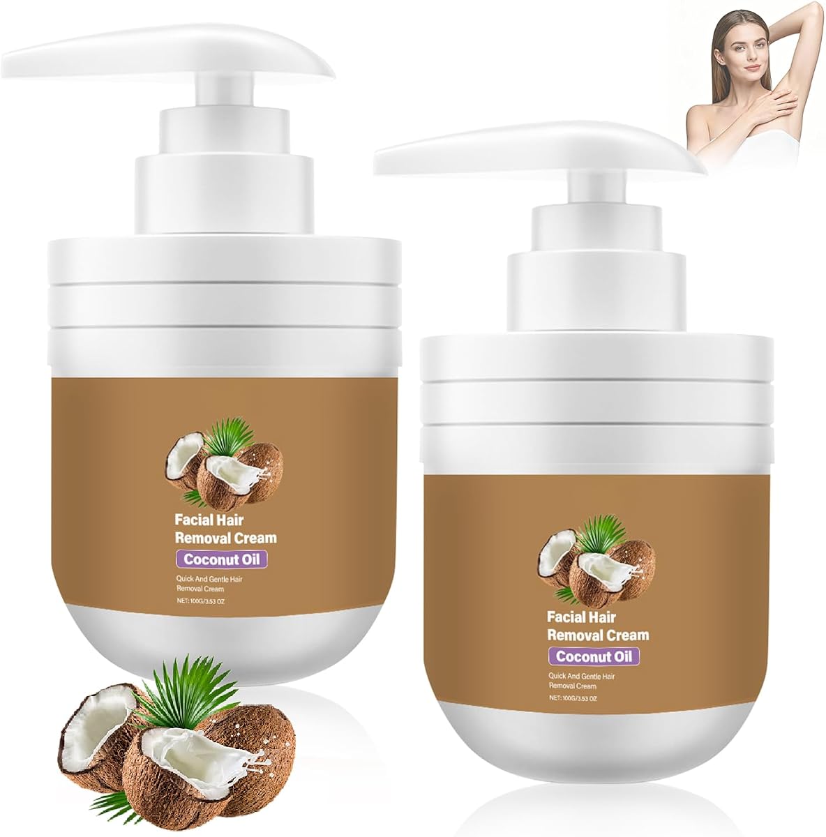 2Pcs Coconut Oil Facial Hair Removal Cream,Facial Hair Removal Cream for Women,Facial Depilatory Cream,Coconut Oil Based Gentle Body Hair Remover Cream for Smooth Skin