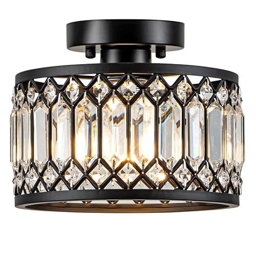 Crystal Ceiling Light, Black Flush Mount Ceiling Light Fixture, Flush Mount Chandelier, light Fixture for Hallway, Entryway, Bathroom; Laundry Room, Kitchen, 1 light, 9 Inch (Bulb NOT included)