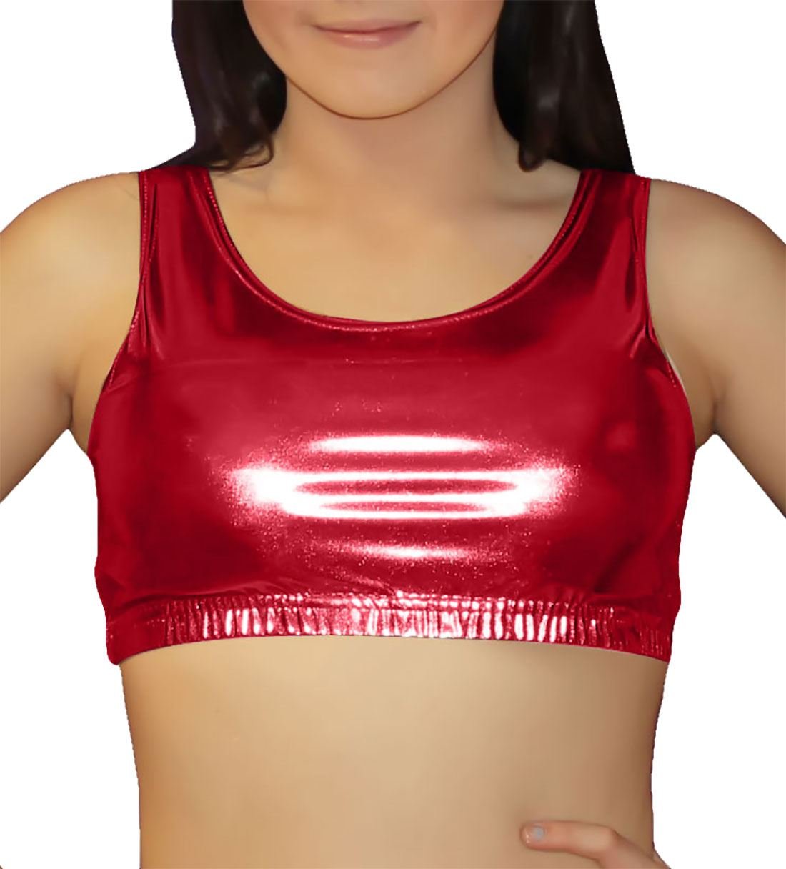 Girlzwalk Women's Red Shiny Metallic Wet Look Lycra Dance Party Wear Crop Top (, Ml 12-14)