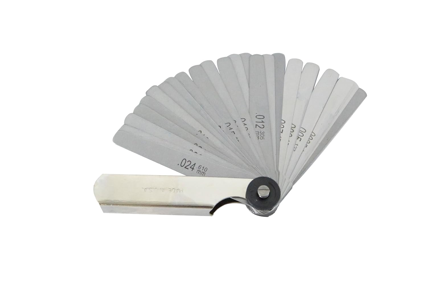 Made in USA | UNIPEC Feeler Gauge Set, 26-Blade Straight Tip Thickness Gauge (0.0015–0.025 in / 0.038–0.635 mm), 3" Blade Length, Hardened & Tempered Steel, Lock-Nut Design.