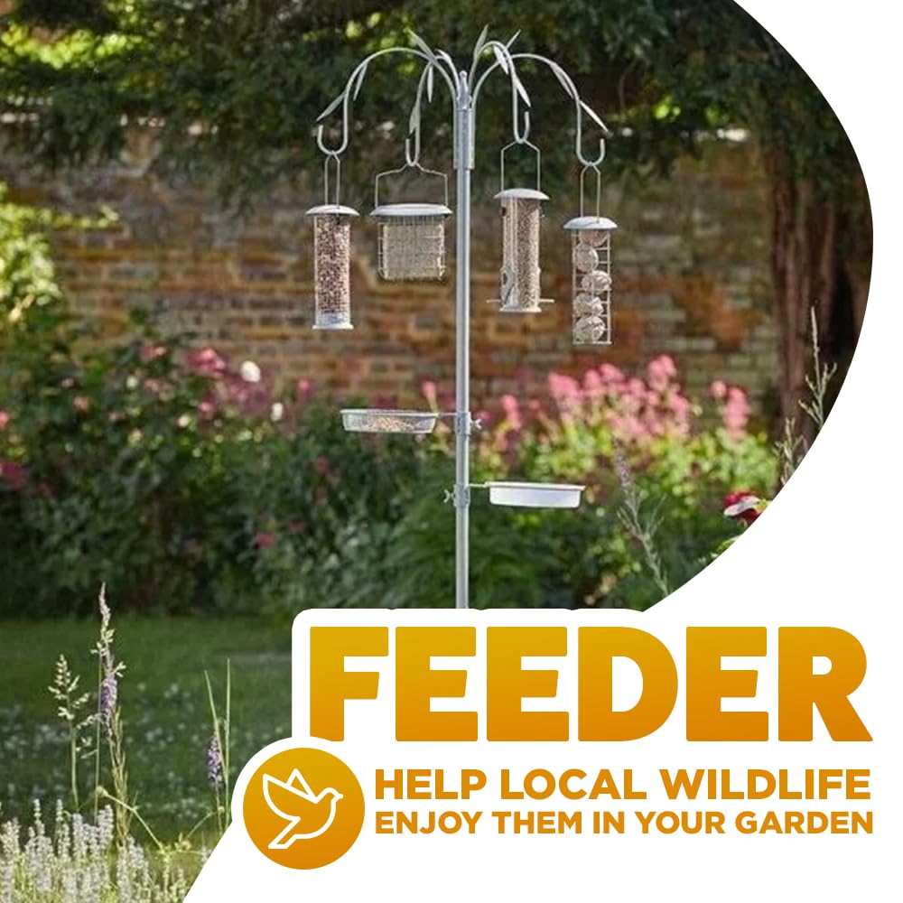 Garden Mile Comederos colgantes de 4 brazos para pájaros, incluye comederos de metal para semillas, cacahuetes, bolas de sebo, pasteles de sebo, bandeja de comedero de pájaros, soporte colgante de