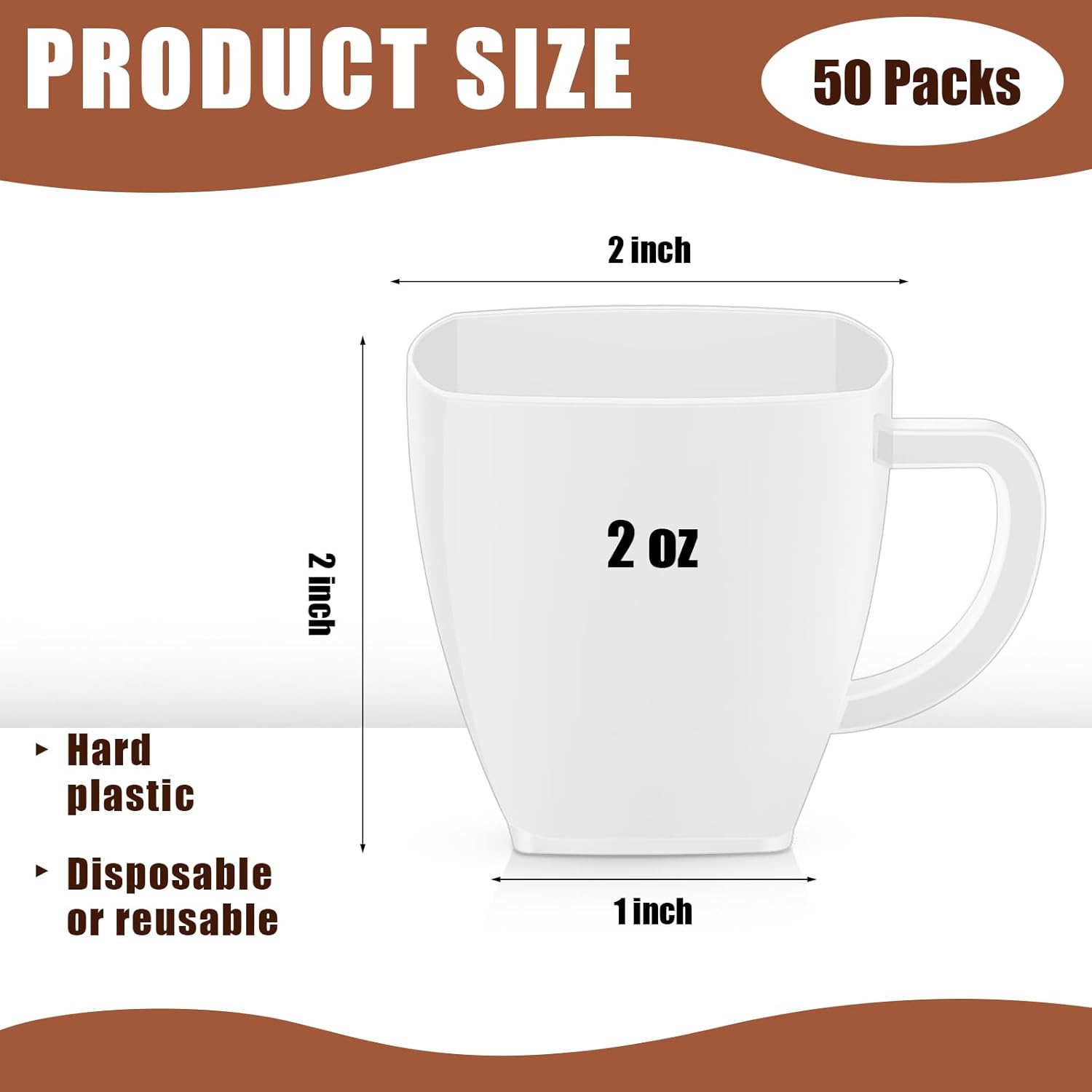 amyhill mini disposable tea cups with handle, 2oz hard plastic coffee mug bulk plastic square disposable espresso cups for wedding tea party catering dessert sampling(white,50 pcs) white 50