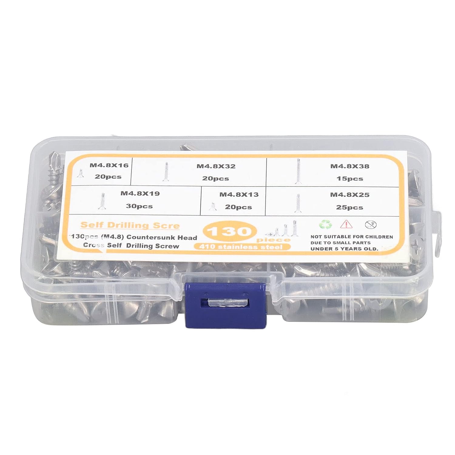 130PCS SelfDrilling Stainl Steel Flat Head Screws for Fiberglass, Proof, Convenient Storage Box Included