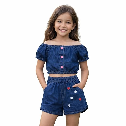 Conjunto Top e Short Jeans Infantil Menina Festa Aniversário Presente-KIDS
