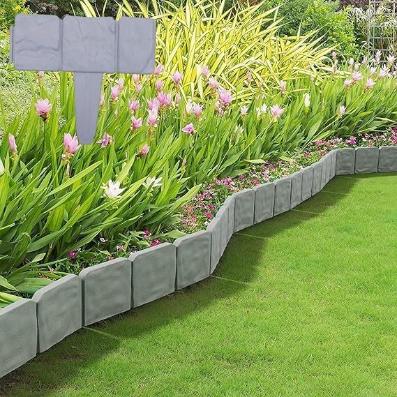 Nucarture 2pcs Garden Fence for Outdoor 48x23cm Plant Partition Fence Border Edging Stones Effect Fence in Lawn Plant Border Garden Landscape Decorative Flower Grass Bed Border (Grey)