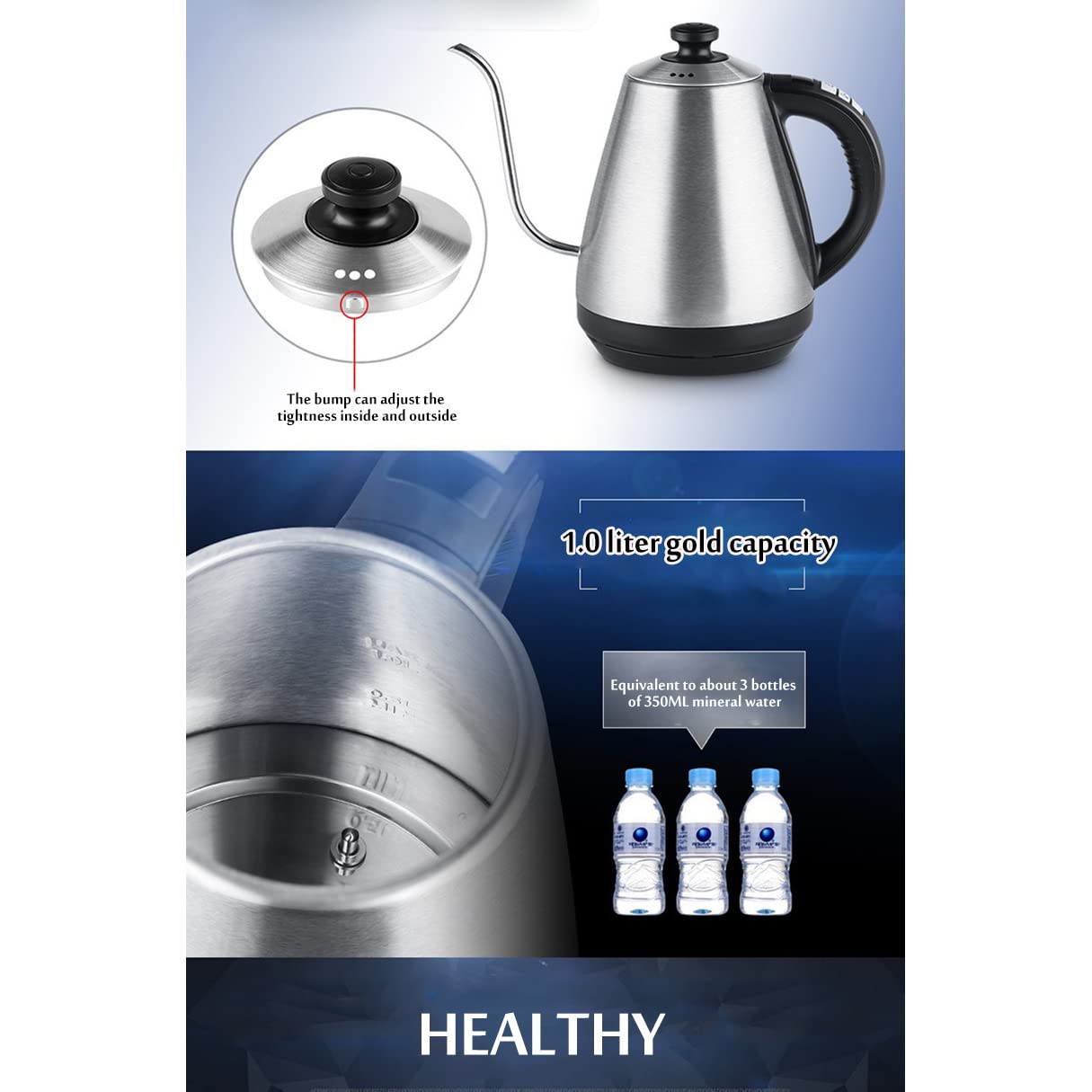 Bollitore elettrico a collo di cigno con temperatura preimpostata Teiera elettrica da 1 litro Bollitore a goccia Termostato Riscaldamento Bollitore rapido per caffè e tè, Argento satinato (Nero