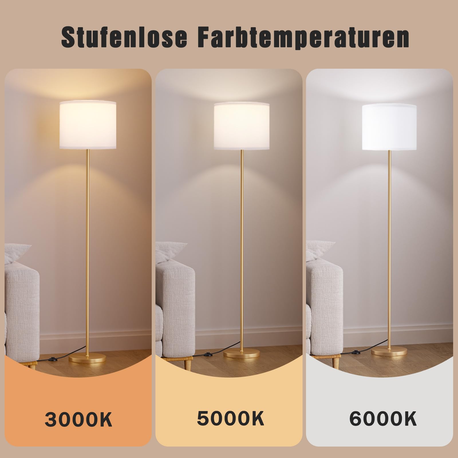 Goldene Stehlampe dimmbar mit Fernbedienung, 5-Stufen Lichtfarbe 3000-6000K