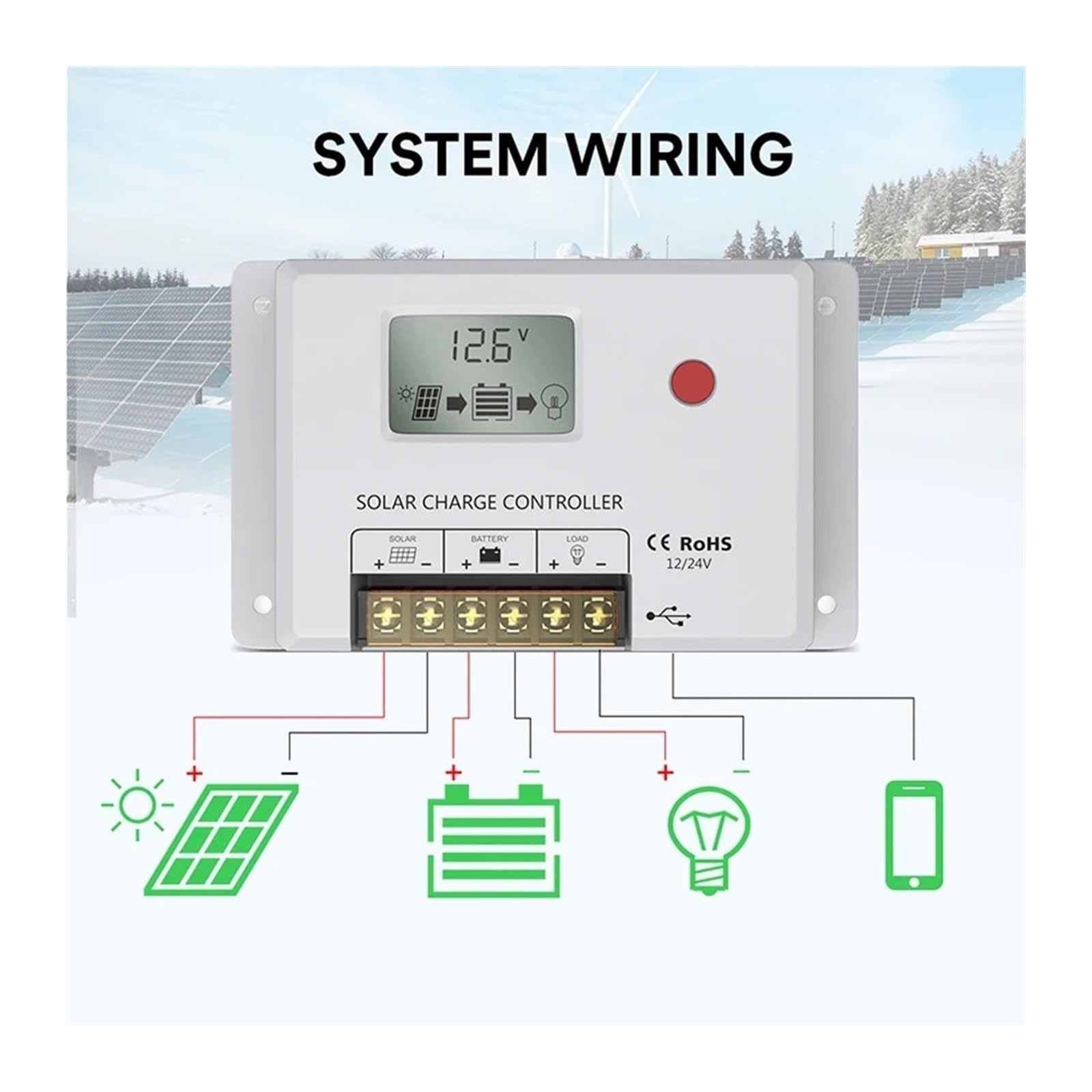 controlador de carga solar, 10A 24V Controlador de carga solar PWM inteligente