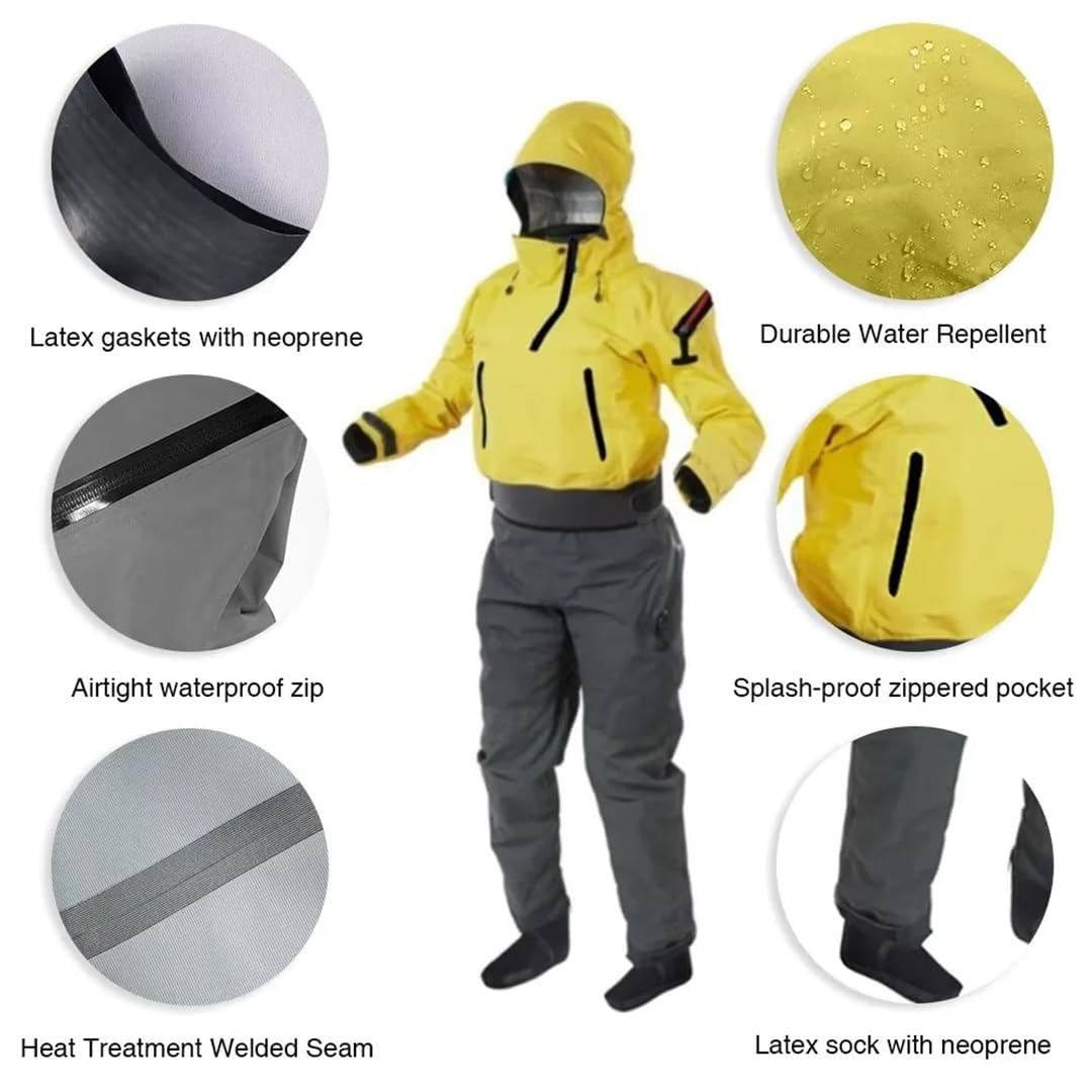 Kajak-Trockenanzug Für Damen, 3-Lagiger Neoprenanzug Aus Stoff, Verstellbare Taille, Wasserdicht/Atmungsaktiv, Für Wassersport-Schlauchboot, Segeln, Kajakfahren, Paddleboard,yellow-M