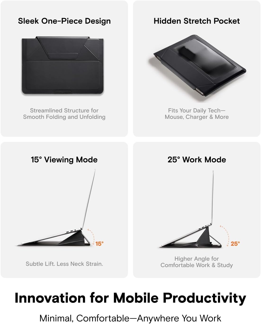 MOFT Laptop Carry Sleeve, 2-in-1 Laptop Bag & Stand for 14" MacBook Air/Pro & Dell/HP/Lenovo/Asus, Stylish Slim Computer Sleeve Bag with Expandable Storage for Computer Accessories, Night Black - Image 4