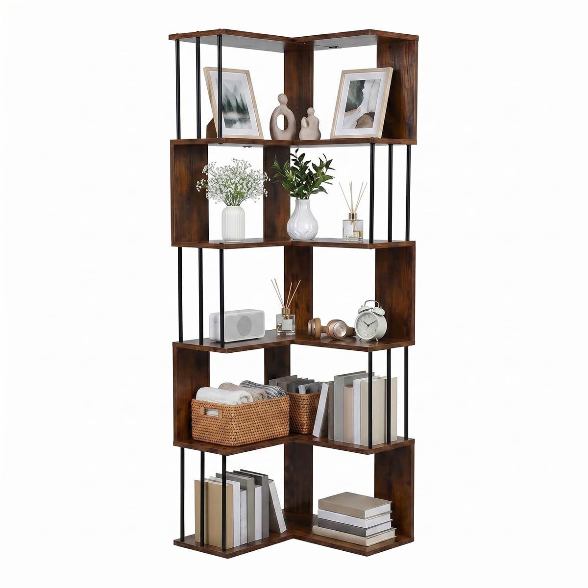 EGGREE Estantería Esquina L 5 estantes 160x54x54cm | Tableros MDF y estructura metálica negra, librería abierta para salón oficina dormitorio, vintage marrón